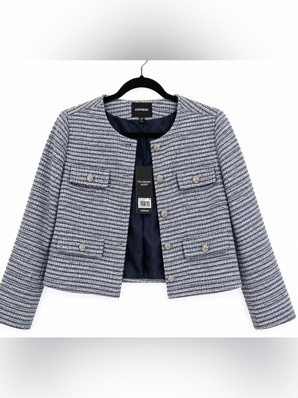 Express Gray and Blue & Navy Tweed Collarless Blazer NWT